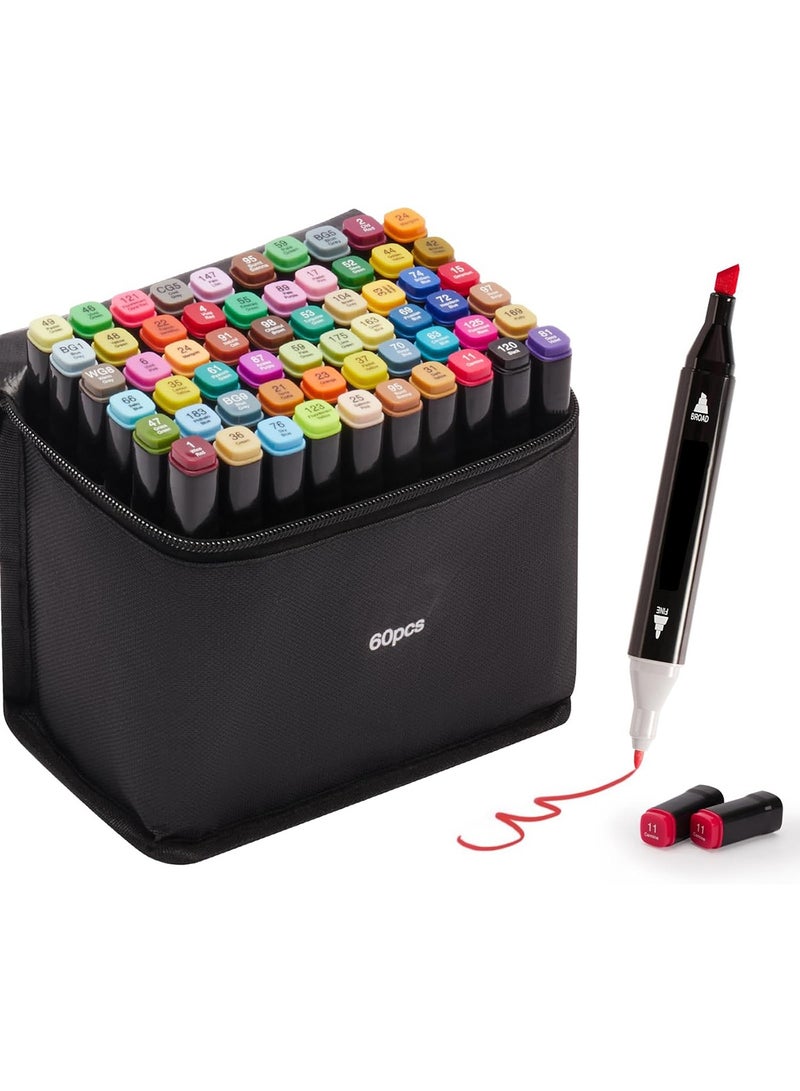 مجموعة ماركر تلوين 60 لون برأس مزدوج – أقلام تلوين ورسم كحولية للأطفال والكبار، مع حقيبة وحامل، مثالية للرسم، التلوين، التلوين الفني والمانجا والمشاريع الإبداعية - Image 1