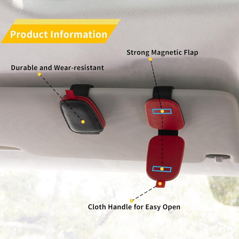 Yuoyar Sunglass Holder for Car, Magnetic Leather Sunglasses Holder and Ticket Card Clip, Car Visor Accessories, 2 Packs (Black-red) - Image 4