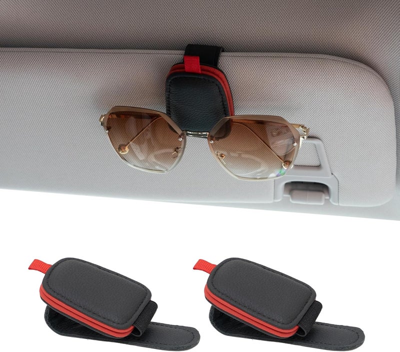 Yuoyar Sunglass Holder for Car, Magnetic Leather Sunglasses Holder and Ticket Card Clip, Car Visor Accessories, 2 Packs (Black-red) - Image 1