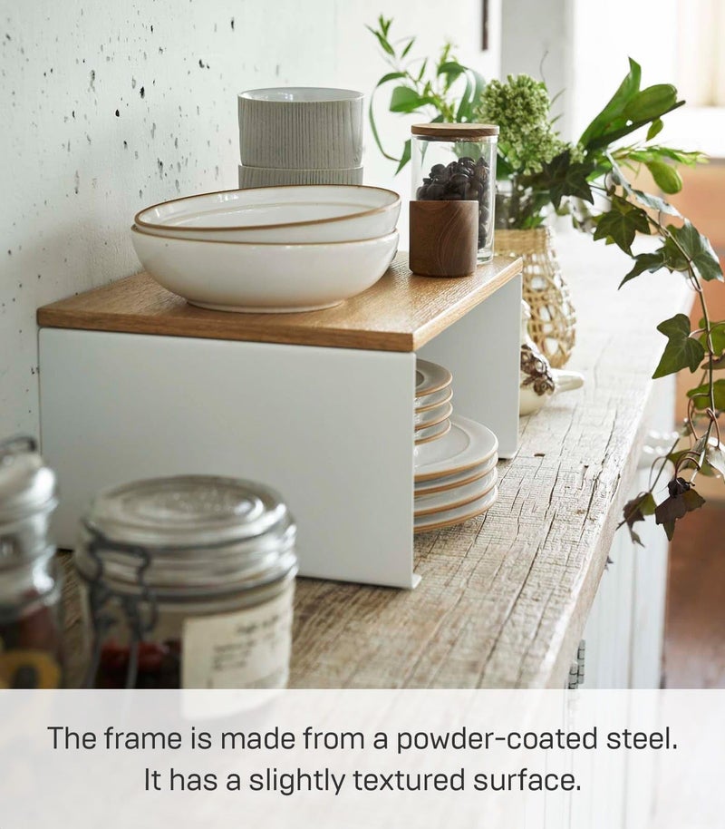 Yamazaki Home Tosca Wood-Top Stackable Kitchen Rack - Modern Counter Shelf Organizer - Large - Steel + Wood - Stack Up To Two - Image 4