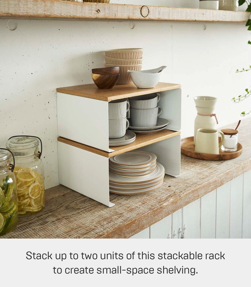 Yamazaki Home Tosca Wood-Top Stackable Kitchen Rack - Modern Counter Shelf Organizer - Large - Steel + Wood - Stack Up To Two - Image 3