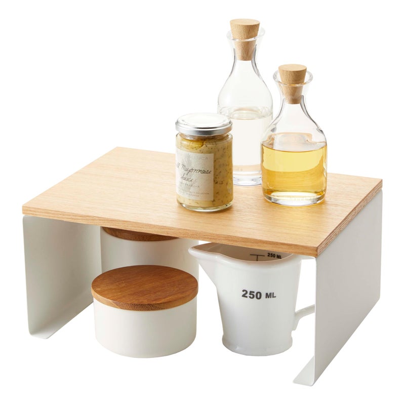 Yamazaki Home Tosca Wood-Top Stackable Kitchen Rack - Modern Counter Shelf Organizer - Large - Steel + Wood - Stack Up To Two - Image 1