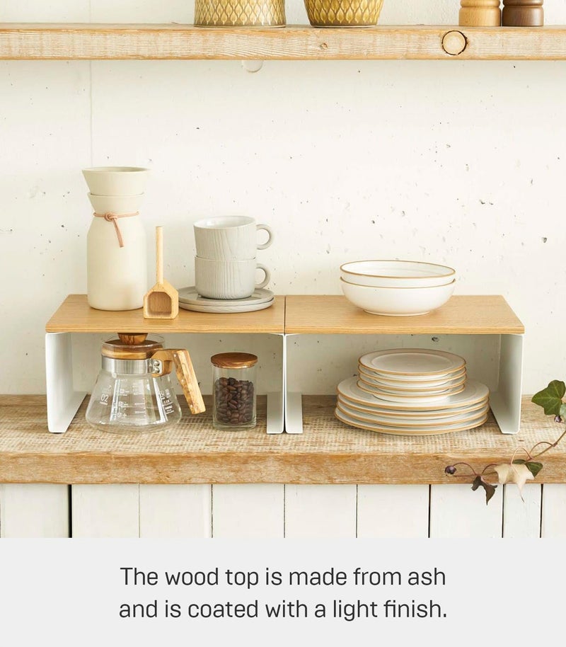 Yamazaki Home Tosca Wood-Top Stackable Kitchen Rack - Modern Counter Shelf Organizer - Large - Steel + Wood - Stack Up To Two - Image 5