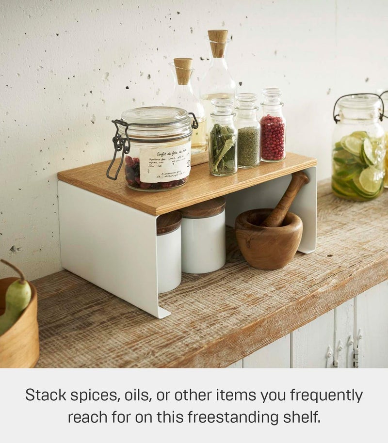 Yamazaki Home Tosca Wood-Top Stackable Kitchen Rack - Modern Counter Shelf Organizer - Large - Steel + Wood - Stack Up To Two - Image 2