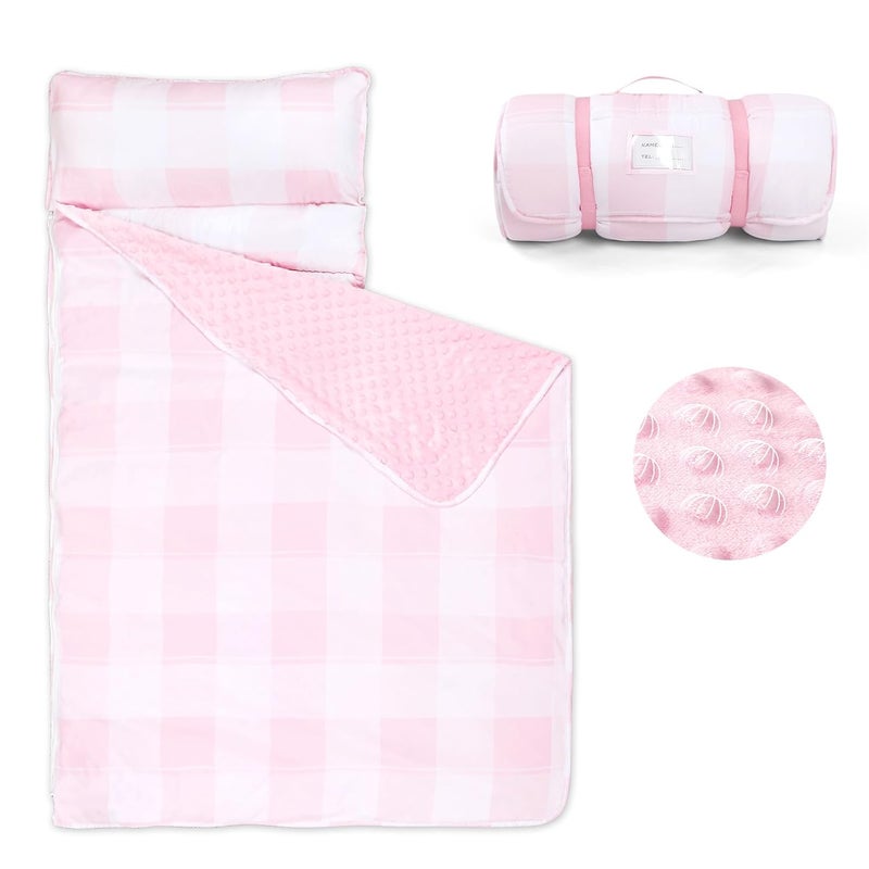 DILIMI Toddler Nap Mat Toddler Sleeping Bag with Removable Pillow and Blanket 55  x 20 Kids Nap Mat for Preschool Daycare Pink Checkered - Image 1