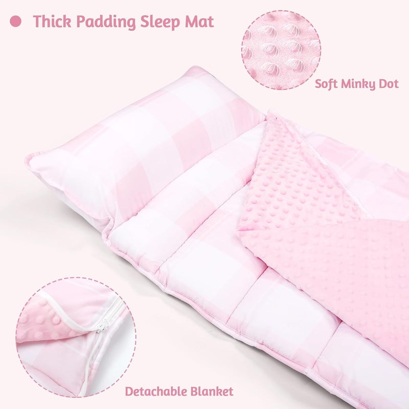 DILIMI Toddler Nap Mat Toddler Sleeping Bag with Removable Pillow and Blanket 55  x 20 Kids Nap Mat for Preschool Daycare Pink Checkered - Image 5
