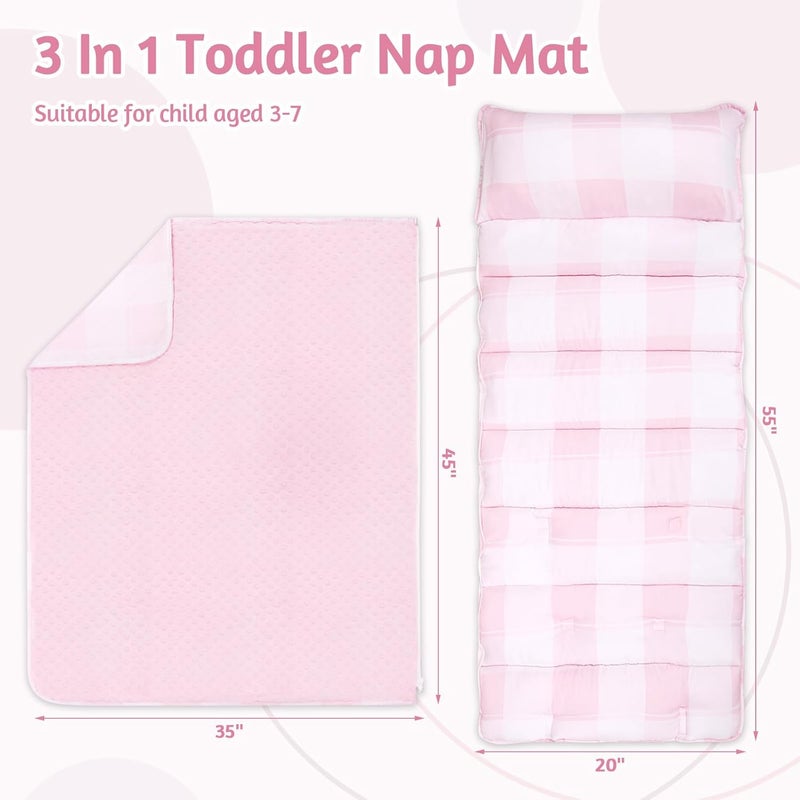 DILIMI Toddler Nap Mat Toddler Sleeping Bag with Removable Pillow and Blanket 55  x 20 Kids Nap Mat for Preschool Daycare Pink Checkered - Image 3