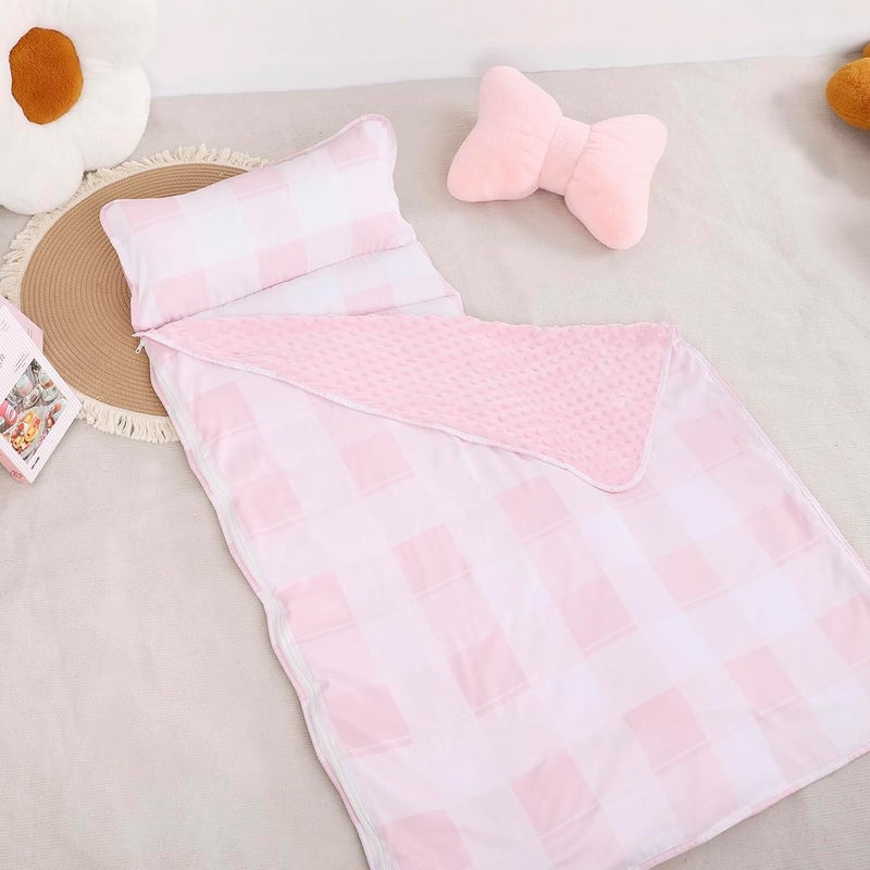 DILIMI Toddler Nap Mat Toddler Sleeping Bag with Removable Pillow and Blanket 55  x 20 Kids Nap Mat for Preschool Daycare Pink Checkered - Image 2