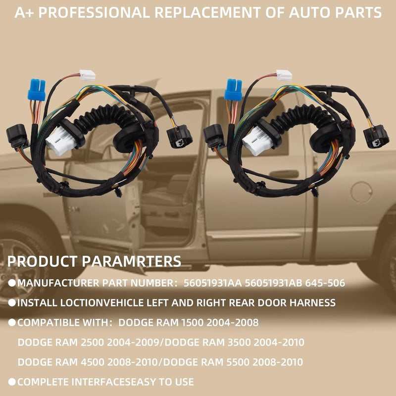 Dasbecan 2Ps Rear Door Harness with Connectors for Dodge Ram 1500 2500 3500 4500 5500 (2004-2010) - Image 2