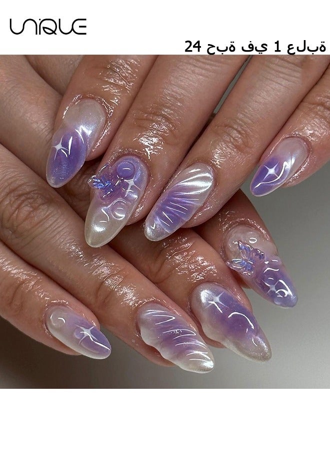 Unique 24Pcs Fake Nails, Press Nails, Mid-Almond Manicure - Gradient Purple Ripple Star Water Beads Nail Art - 3D Butterfly Nail Art - Fake Nail Patch - Image 1
