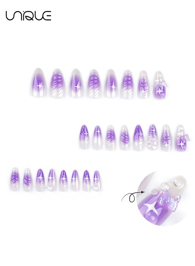 Unique 24Pcs Fake Nails, Press Nails, Mid-Almond Manicure - Gradient Purple Ripple Star Water Beads Nail Art - 3D Butterfly Nail Art - Fake Nail Patch - Image 2