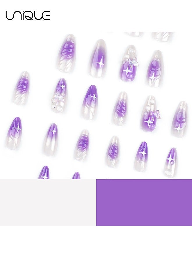 Unique 24Pcs Fake Nails, Press Nails, Mid-Almond Manicure - Gradient Purple Ripple Star Water Beads Nail Art - 3D Butterfly Nail Art - Fake Nail Patch - Image 3