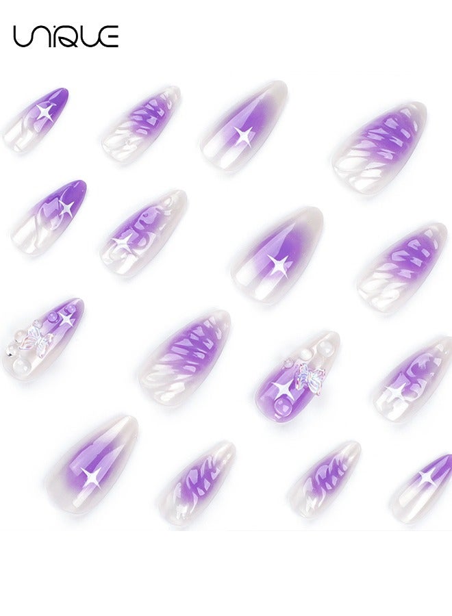 Unique 24Pcs Fake Nails, Press Nails, Mid-Almond Manicure - Gradient Purple Ripple Star Water Beads Nail Art - 3D Butterfly Nail Art - Fake Nail Patch - Image 4