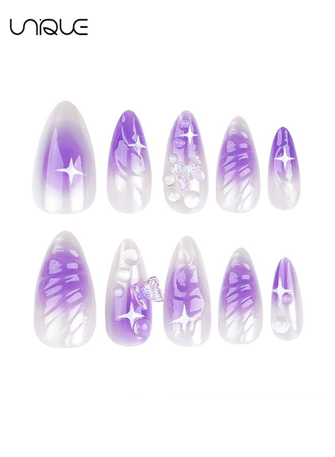 Unique 24Pcs Fake Nails, Press Nails, Mid-Almond Manicure - Gradient Purple Ripple Star Water Beads Nail Art - 3D Butterfly Nail Art - Fake Nail Patch - Image 5