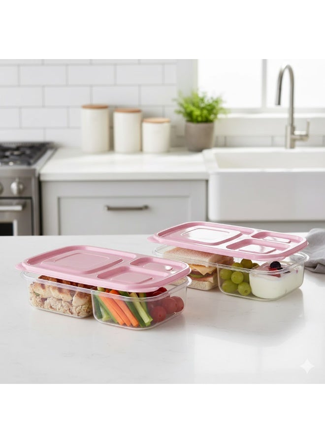 فافيلا طقم لانش بوكس بلاستيك شفاف بغطاء وردي محكم الغلق – 2 قطعة – متعدد التقسيمات -كود 1384 - Image 1