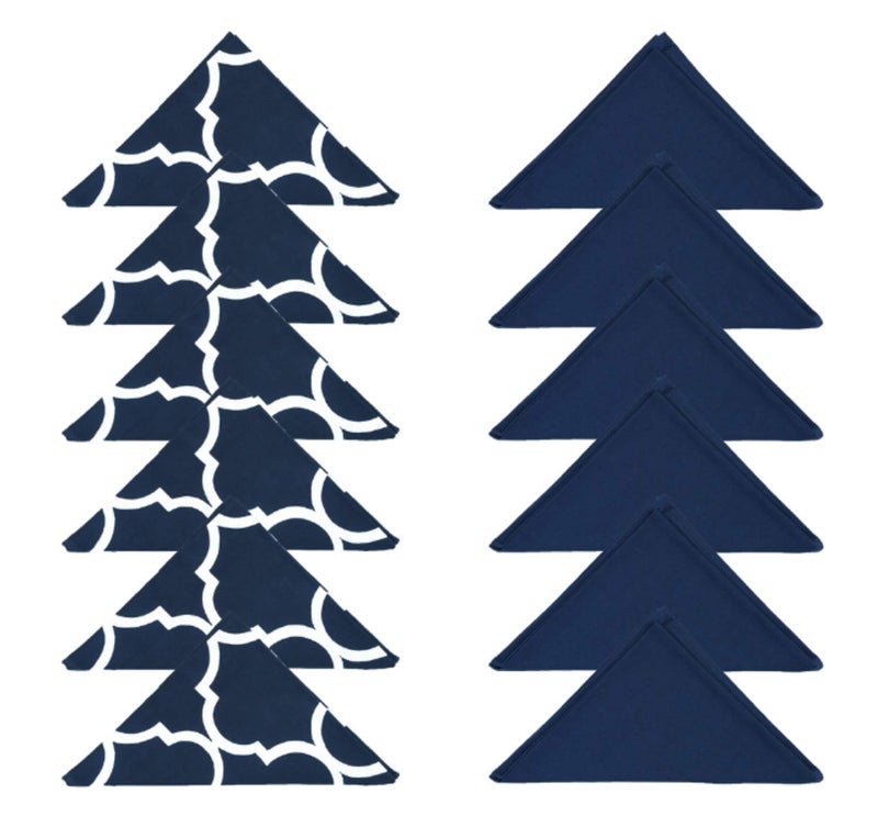 Dekor World Cotton Navy Blue Ogee Printed and Solid Napkin Set (Pack of 12) - Image 1