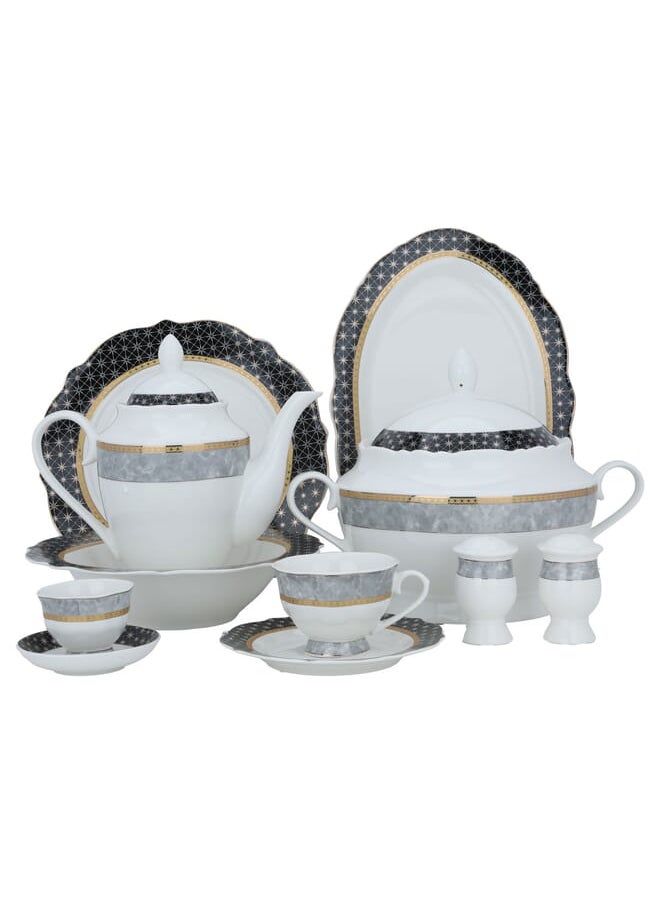Alsaif Gallery White Round Porcelain Dining Set with Gold Line 65 Pieces  - Image 1