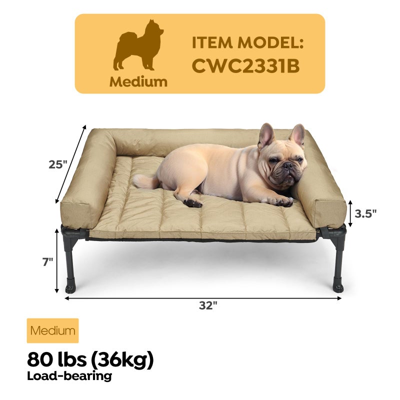 Veehoo Cooling Elevated Dog Bed Add Removable Waterproof Bolster Cushion Mat, Raised Pet Cot with Breathable Teslin Mesh, No-Slip Feet, Dog Couch Bed for Indoor Outdoor, 32x25inches, Beige, CWC2331B - Image 2