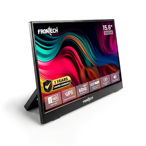 FRONTECH 15.6″ Portable LED Monitor, Full HD IPS Display, 10000mAh Rechargeable Battery, Dual Type-C & Mini HDMI, Built-in Speakers, 180° Stand, Works with Laptop/PS5/Switch/Phone (MON-0023P) - Image 1