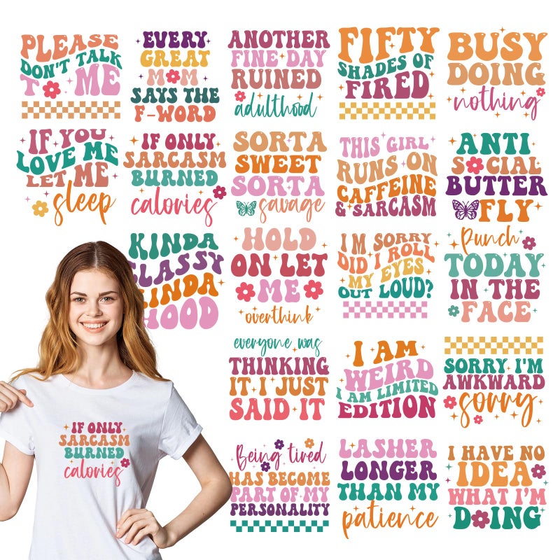INCOK Funny Iron on Transfers for T Shirts - 18 Sheets Colorful Humor Quotes DTF Transfers Ready to Press Iron on Vinyl Design Decals for Clothing Jacket Pillow DIY Costume Decorations - Image 2
