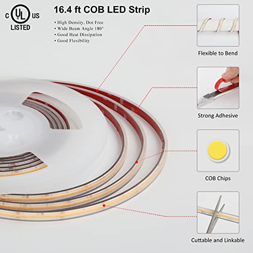dephen Outdoor COB LED Strip 16.4ft, DC24V 6500K Rope Lights 528LEDS/m, IP67 Waterproof Cuttable with 3M Tape for Home, Balcony, Roof, Garden, Patio UL-Listed (NOT Included Power Supply) - Image 4