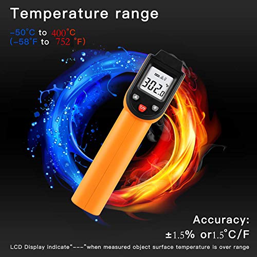 PWWDADA Longhuateng ChengBangDa Laser Infrared Thermometer Non-Contact Digital Temperature Gun-50°C to 400°C(-58°F to 752°F) IR Thermometer for Industrial, Kitchen Cooking, Ovens (Orange) Plastic - Image 4