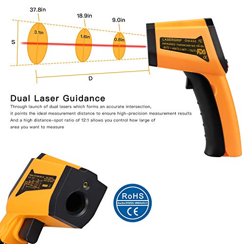 PWWDADA Longhuateng ChengBangDa Laser Infrared Thermometer Non-Contact Digital Temperature Gun-50°C to 400°C(-58°F to 752°F) IR Thermometer for Industrial, Kitchen Cooking, Ovens (Orange) Plastic - Image 3