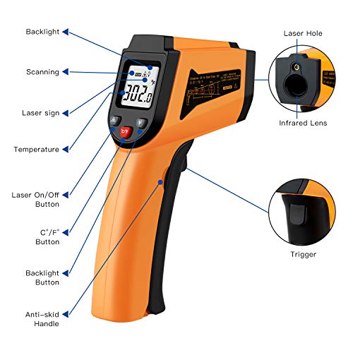 PWWDADA Longhuateng ChengBangDa Laser Infrared Thermometer Non-Contact Digital Temperature Gun-50°C to 400°C(-58°F to 752°F) IR Thermometer for Industrial, Kitchen Cooking, Ovens (Orange) Plastic - Image 2
