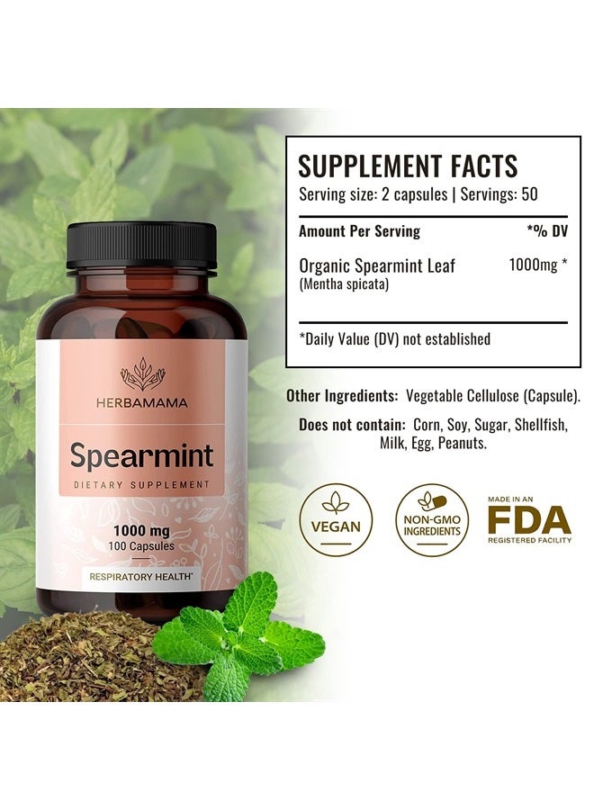 HERBAMAMA Spearmint 100 Capsules - 1000 mg - Organic Mentha Spicata Dietary Daily Supplement - Natural Support for Digestive & Respiratory Function - for Stress Relief - Vegan, Non-GMO - Image 2