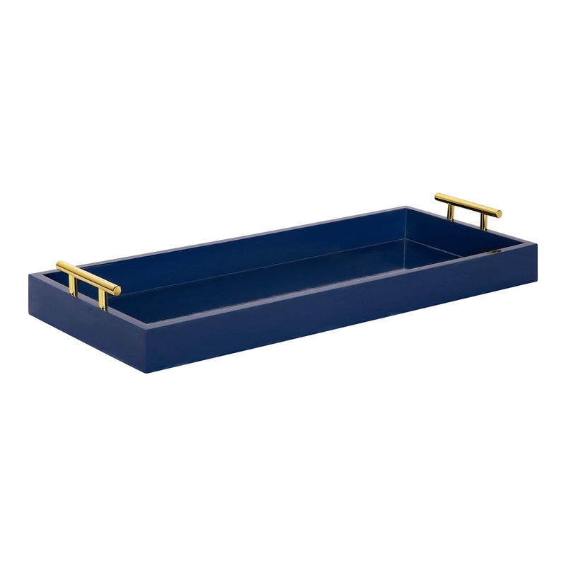 Kate and Laurel Kate and Laurel Lipton Narrow Decorative Tray with Polished Metal Handles 10 x 24 Navy Blue and Gold Chic Accent Tray for Display and Storage 