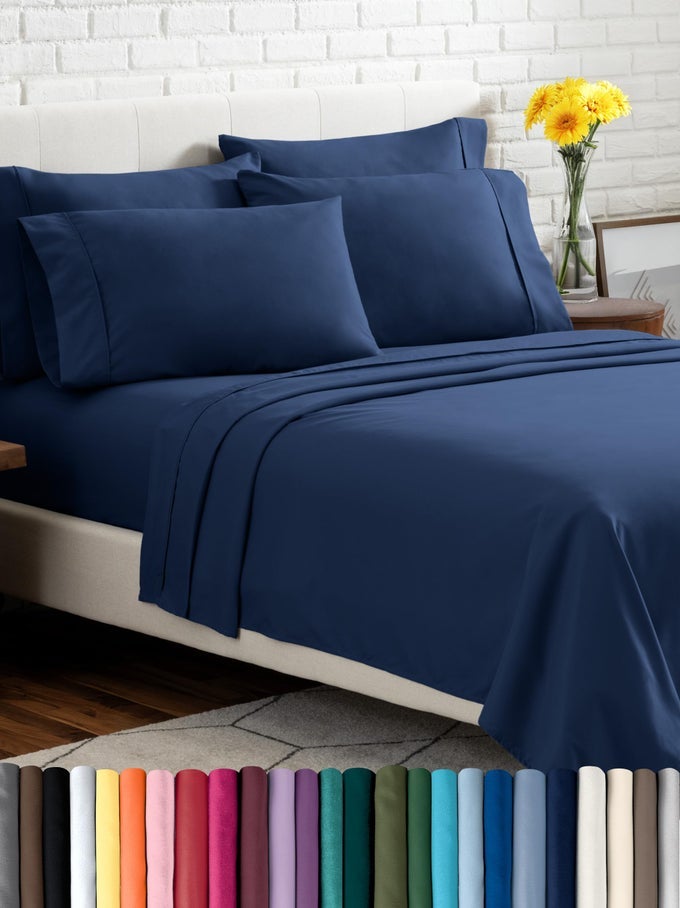 HOTEL LUXURY QUEEN SHEET SET EXTRA SOFT 6 PIECE SET DEEP POCKETS EASY FIT COOLING BREATHABLE WRINKLE FADE STAIN RESISTANT INCLUDES 4 PILLOWCASES QUEEN DARK BLUE