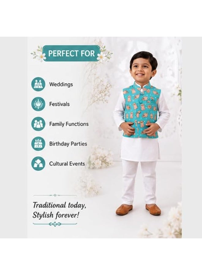 طقم "كورتا بيجاما" أبيض للأولاد مع سترة "نهرو" مطبوعة باللون الفيروزي – طقم تقليدي مكون من 3 قطع - Image 4