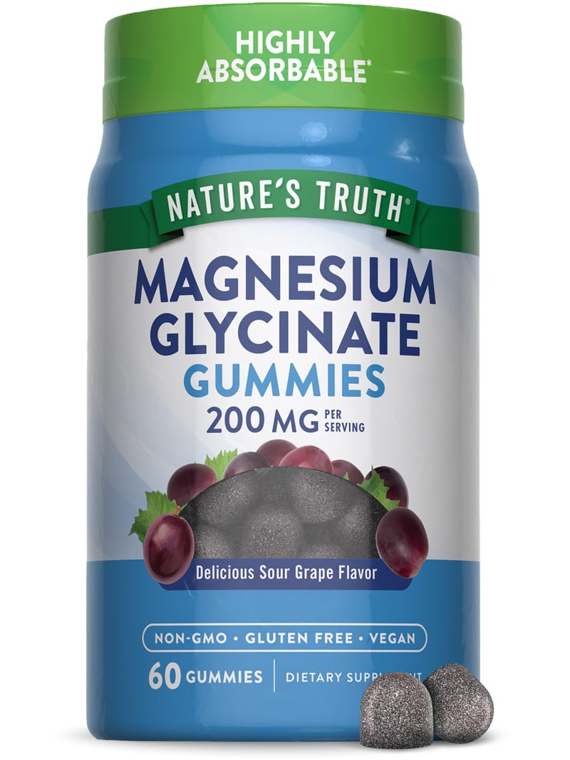 Natures Truth Magnesium Glycinate Gummies for Adults 200mg 60 Count Vegan NonGMO Gluten Free Supplement Grape Flavor
