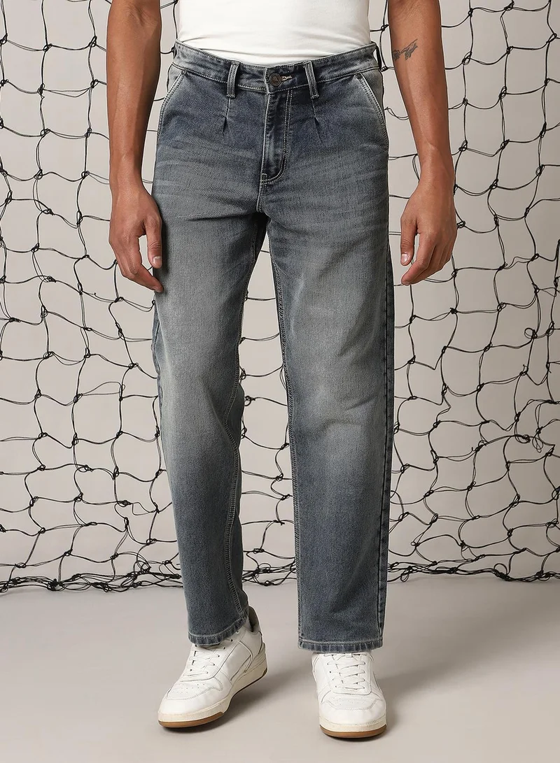 Hubberholme Men's Indigo Cotton Blend Distressed Full Length Relaxed Fit Jeans