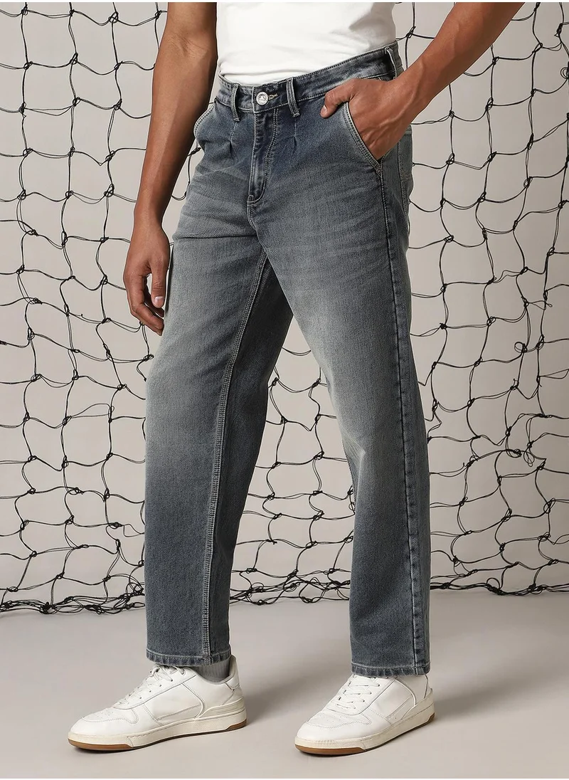 Hubberholme Men's Indigo Cotton Blend Distressed Full Length Relaxed Fit Jeans