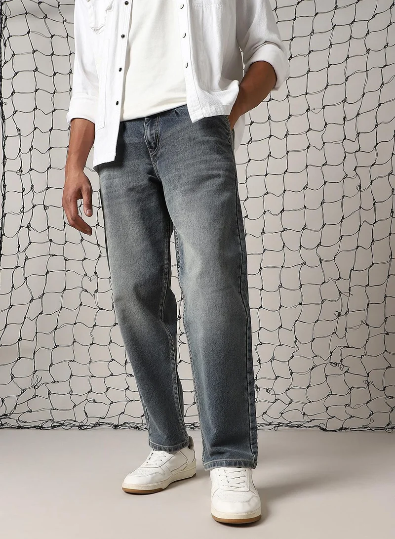 Hubberholme Men's Indigo Cotton Blend Distressed Full Length Relaxed Fit Jeans