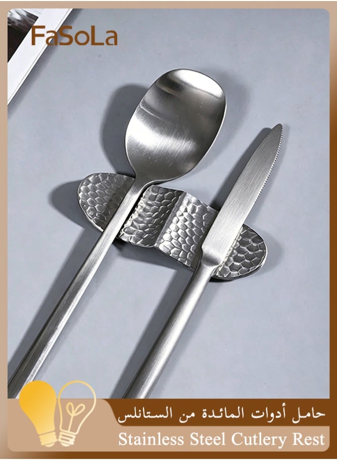 Fasola Stainless Steel Cutlery Rest, Hammered Texture Spoon and Chopstick Holder, Single Tableware Stand for Home Kitchen and Restaurant Dining (Silver, 9 x 3 cm) - Image 1