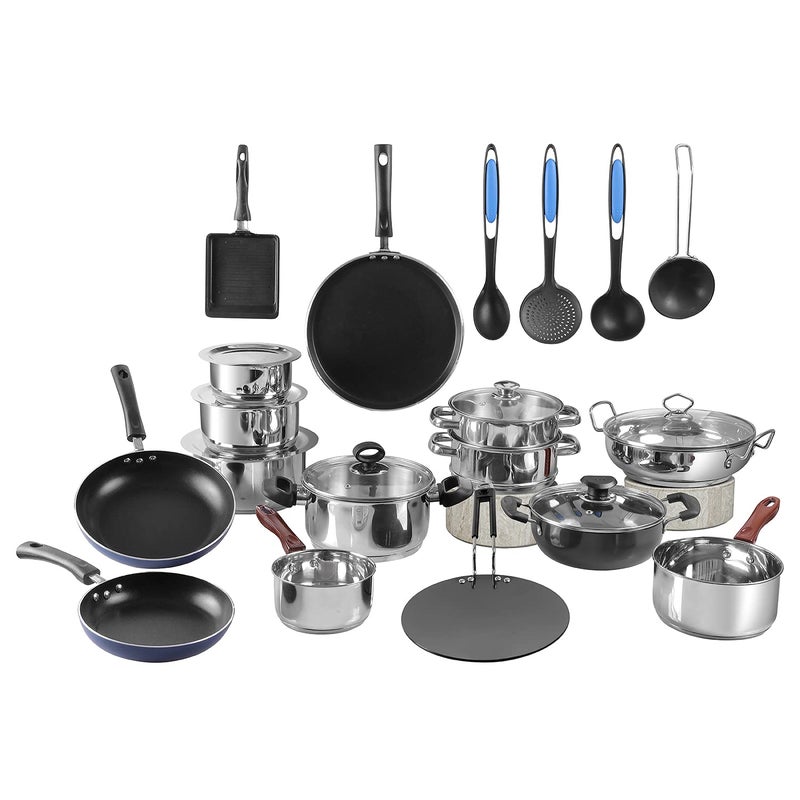 VINOD Vinod Kitchen in The Box Stainless Steel Cookware Combo Set of 25 Pcs | Multipurpose Kitchen Set for Cooking | Bartan/Donga Set | Induction and Gas Base- Silver  - Image 1