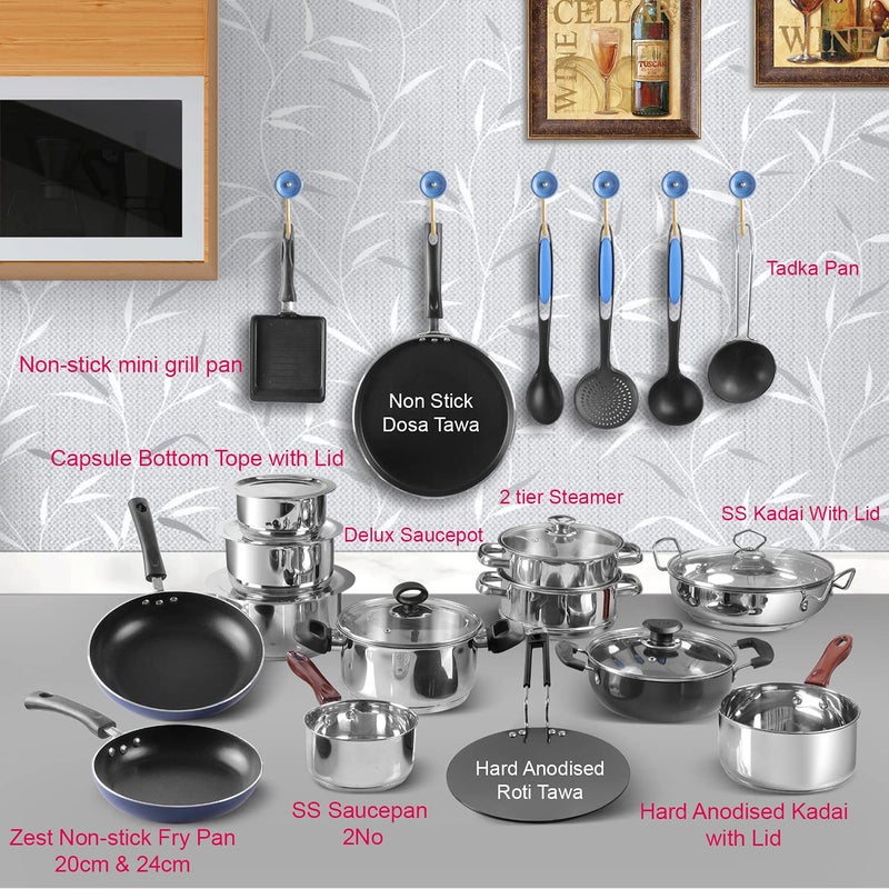 VINOD Vinod Kitchen in The Box Stainless Steel Cookware Combo Set of 25 Pcs | Multipurpose Kitchen Set for Cooking | Bartan/Donga Set | Induction and Gas Base- Silver  - Image 2