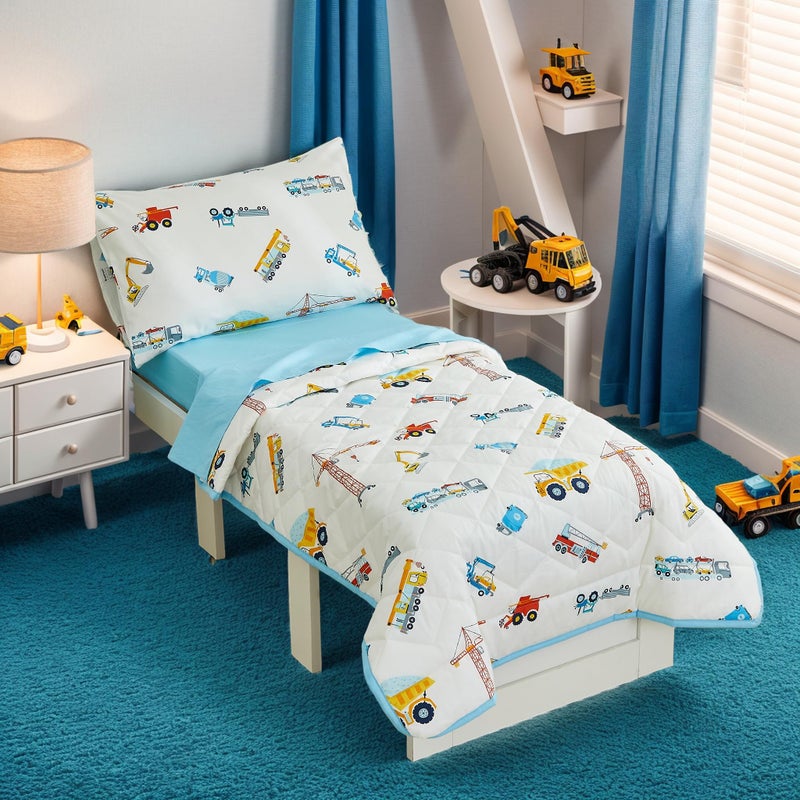 Brandream Brandream Boys Toddler Bedding Set Construction Truck Toddler Bed Comforter Sheet Set and Pillowcases Ultra Cozy Pure Cotton 4Pcs Colorful Blue White 