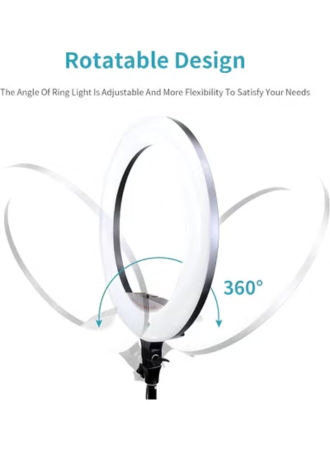 رينج لايت احترافي 56 سم، إضاءة LED بقوة 70 واط مع حامل ثلاثي و3 مشابك للموبايل، دوران 360 درجة وتحكم عن بعد. - Image 5