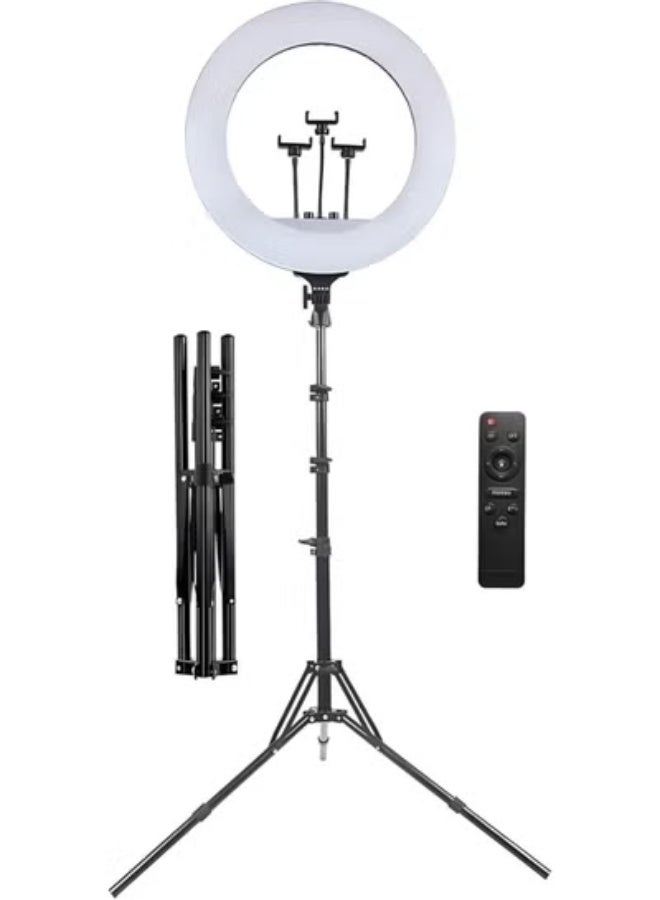 رينج لايت احترافي 56 سم، إضاءة LED بقوة 70 واط مع حامل ثلاثي و3 مشابك للموبايل، دوران 360 درجة وتحكم عن بعد. - Image 1