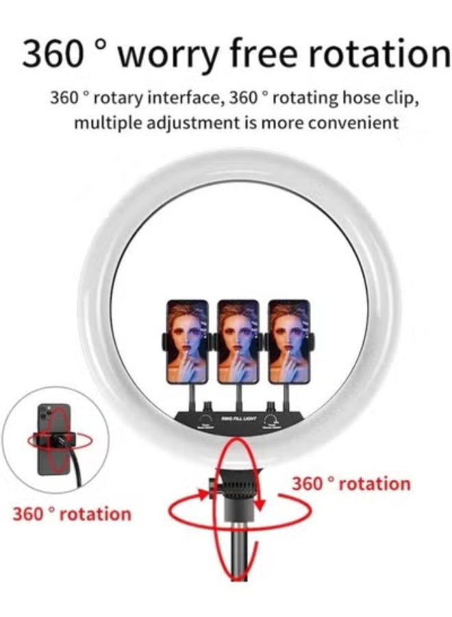 رينج لايت احترافي 56 سم، إضاءة LED بقوة 70 واط مع حامل ثلاثي و3 مشابك للموبايل، دوران 360 درجة وتحكم عن بعد. - Image 3