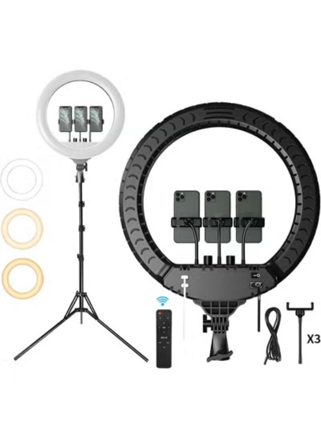 رينج لايت احترافي 56 سم، إضاءة LED بقوة 70 واط مع حامل ثلاثي و3 مشابك للموبايل، دوران 360 درجة وتحكم عن بعد. - Image 2