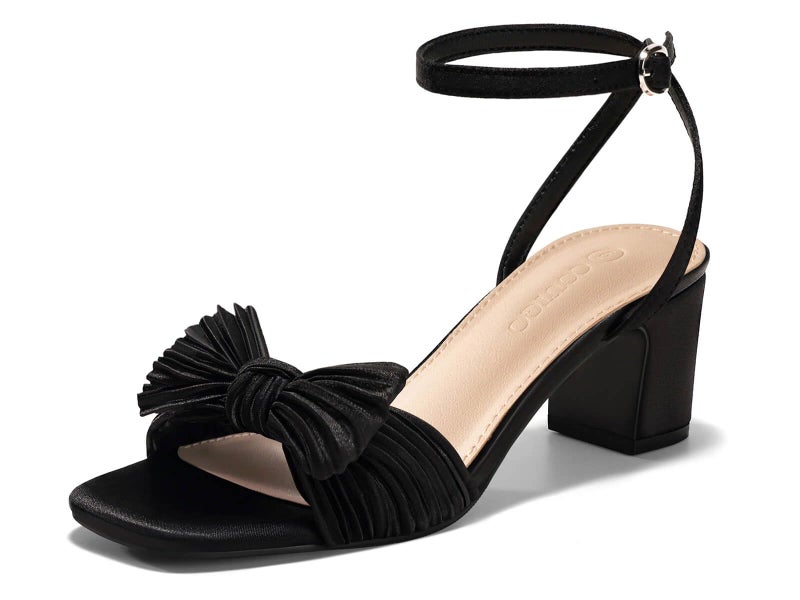 Coutgo Womens Bow Heels Sandals Block Low Heel Wedding Bride Dressy Shoes Open Toe Ankle Strap Sandals, Black, Size 6 - Image 1