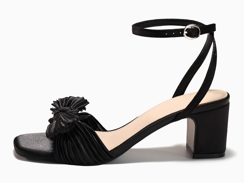 Coutgo Womens Bow Heels Sandals Block Low Heel Wedding Bride Dressy Shoes Open Toe Ankle Strap Sandals, Black, Size 6 - Image 4