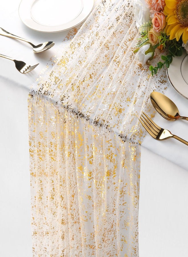 VZZNN 10 Packs Gold Table Runner - Glitter Metallic Foil Sheer Gauze 120 Inch 10FT, Wedding Party Home Decor for Dining Table, Anniversary, Birthday, Holiday Decorations - Image 1