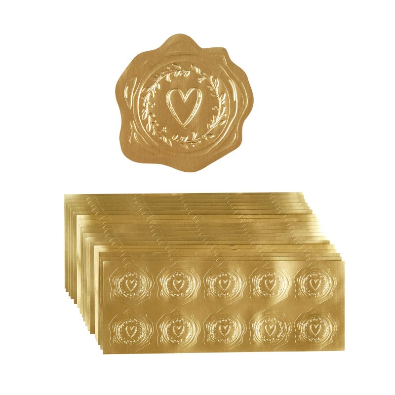 Homtable 300 Pieces Embossed Gold Foil Stickers Gold Stickers for Envelopes, Wedding Invitations, Christmas Greeting Cards Envelopes (Gold Heart-Love) - Image 1