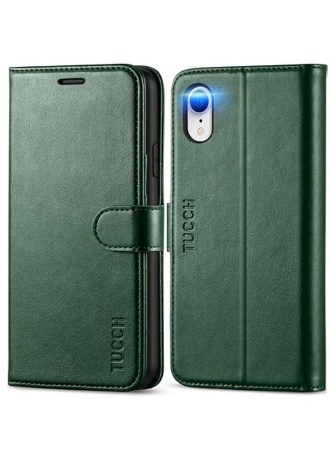 BGM iPhone XR Case, iPhone XR Wallet Case [RFID Blocking][Wireless Charging][Kickstand][Card Holder][Magnetic Closure]Leather Flip Foilo Case Cover Compatible with iPhone XR(6.1), Midnight Green