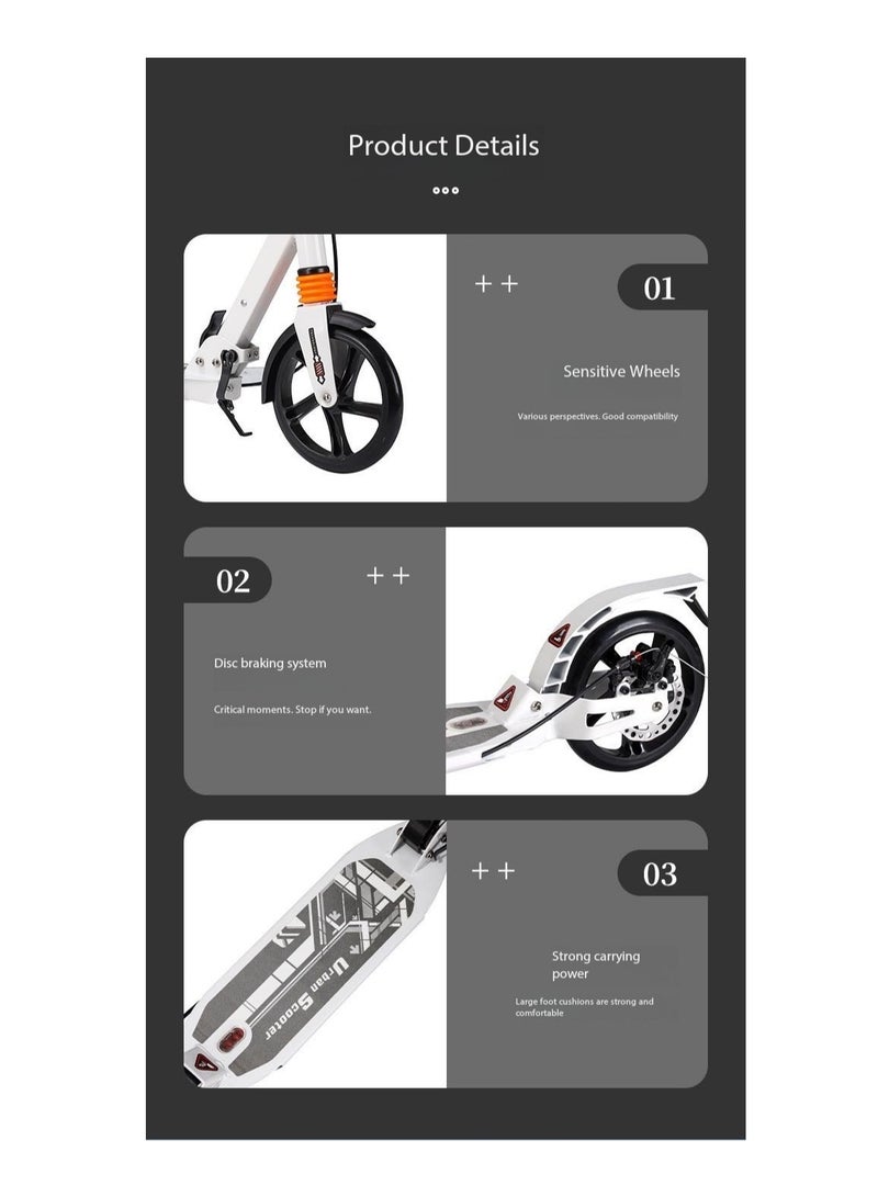 CityRiya-Long Adult & Teen Kick Scooter,Urban Commuter Foldable Scooter,3-Level Height Adjustable, Disc Brakes & PU Wheels,Aluminium Frame, Shock Absorption, 100kg Load(YS-CT888-White) - Image 3